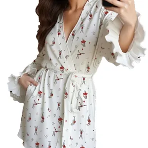 Women's long sleeve satin bathrobe with cartoon rabbit print and ruffled cuffs