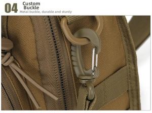Close-up of durable tactical backpack buckle and metal D-ring on tan nylon fabric