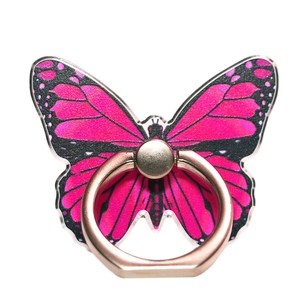 Detailed view of butterfly phone ring holder with pink wings and rose gold finish