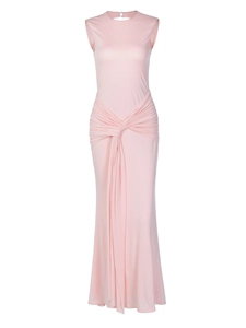 Elegant light pink sleeveless maxi dress with twist-knot waist and slim-fit silhouette