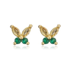 Detail of gold butterfly stud earrings set with yellow and green gemstones