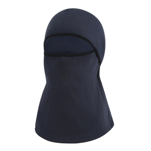 Close-up of a dark blue windproof balaclava with elastic knit and reinforced eye opening