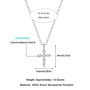 Detail view of S925 silver cross necklace with moissanite and product dimensions