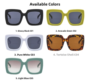 Matrix display of large square retro sunglasses in five stylish colors with diverse lenses