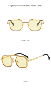 Detail view of gold metal polygon sunglasses with yellow transparent lenses and nose pads