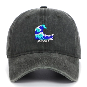 Close-up of vintage washed baseball cap with wave embroidery and Japanese text