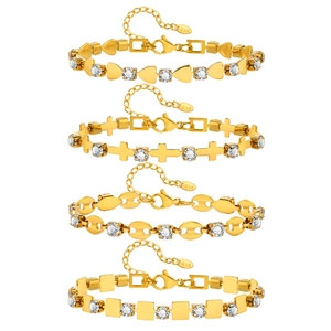 Set of four 18K gold plated stainless steel bracelets with cross heart and zircon charms