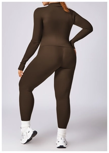 Back view of a dark brown seamless compression yoga set with high-stretch leggings and top