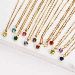 Minimalist 18K Gold Plated Stainless Steel Pendant Necklace With Round Colorful Zircon Birthstone Jewelry For Women