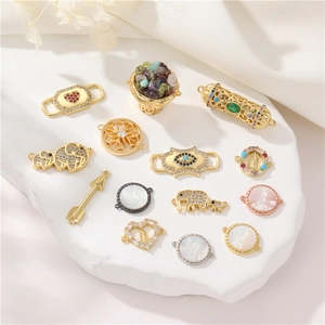 14K Gold Plated Brass Charms Pendants Connectors With Cubic Zirconia Shell For DIY Jewelry Making Necklaces Bracelets