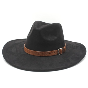 Classic black suede wide brim fedora hat with brown braided leather belt and buckle decoration
