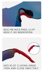 Detail of red sports sunglasses showing soft silicone nose pads and durable metal hinges