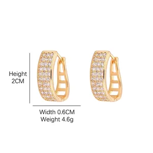 Gold plated hoop earrings with three rows of micro-pave cubic zirconia crystals