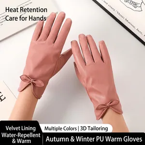 Guanti da Donna Invearali in Pelle PU Caldi Eleganti con Fiocco Antivento Impermeabili per Ciclismo all'Aperto Foderati in Peluche