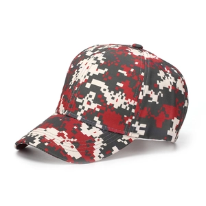 Detailed view of red digital camouflage baseball cap with modern six-panel structure
