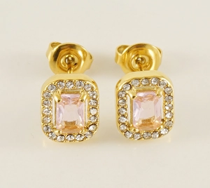 Detailed view of gold stainless steel earrings with square pink zircon centerpiece