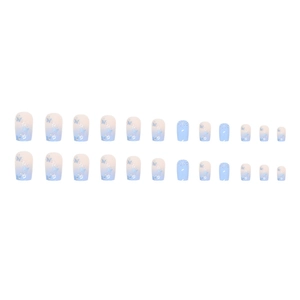 Blue butterfly square medium long press-on nails with glitter gradient design