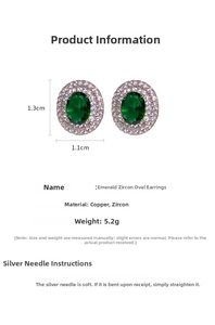 Detail specifications of emerald zircon oval stud earrings with 1.3cm x 1.1cm dimensions