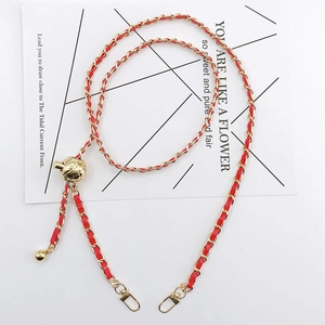 Adjustable gold metal and red leather crossbody chain strap with ball buckle for phone case