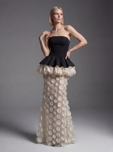 Elegant French strapless evening gown with black bodice and 3D floral mermaid skirt