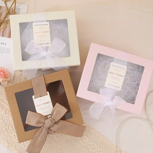 Square Gift Box With Transparent Window Ribbon Bow Greeting Card Cardboard Birthday Wedding Party Favor Packaging Pink Beige