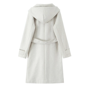 Back view of a light gray hooded wool coat showing belt detail and cinched sleeve cuffs