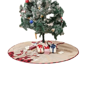 Linen Christmas tree skirt with red plaid reindeer silhouette and festive gift boxes