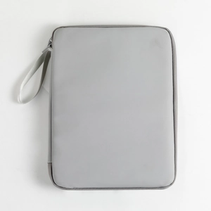 Detailed top view of grey waterproof PU tablet sleeve with zipper and portable hand strap