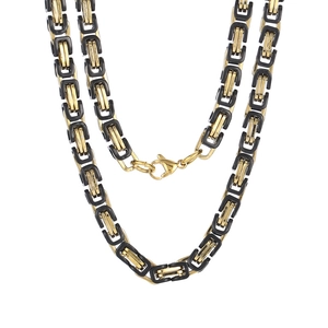 Mens Byzantine king chain necklace in black and gold stainless steel with lobster clasp