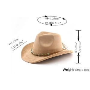 Detailed size specifications for camel faux suede cowboy hat with beaded band detail