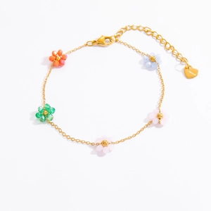 Detailed view of colorful beaded flower charms on a gold-plated stainless steel chain