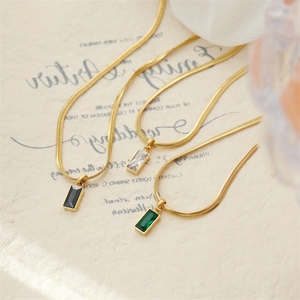 Retro emerald square zircon pendant necklace on gold snake chain with minimalist vintage design