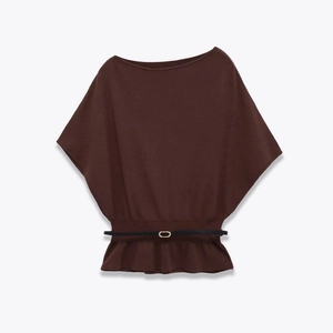 Elegantes Damen Strickoberteil Einfarbig Braun U-Boot-Ausschnitt Ärmelloser Pullover Mit Gürtel Rüschensaum Lässig