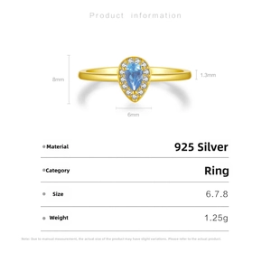 Detailed specs for a 925 silver ring with teardrop blue stone and crystal halo