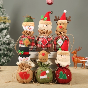 Christmas Gift Bags Drawstring Candy Pouch Burlap Linen 3D Doll Santa Snowman Reindeer Holiday Party Favors Embroidery Plaid