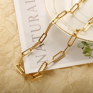 Stainless Steel Gold Plated Chain Necklace With Twisted Rope And Smooth Rectangular Links Geometric Style For Women