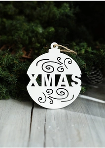 Close-up of white wooden XMAS ornament with hollow design and rustic hemp rope hanger
