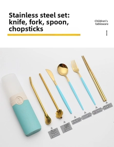 Close-up of portable stainless steel travel cutlery set with case and gold-finish utensils
