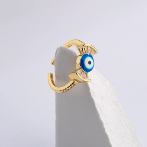 Gold-plated open ring with blue evil eye zircon and geometric enamel design