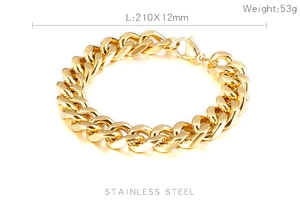Detail view of a 12mm gold stainless steel Cuban chain bracelet with exact dimensions and weight