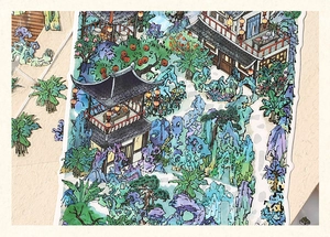 Macro shot of traditional Chinese garden scenery stickers with pavilions and pagodas