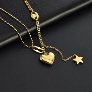 Titanium steel necklace with coffee bean links, heart and star charms on black leather