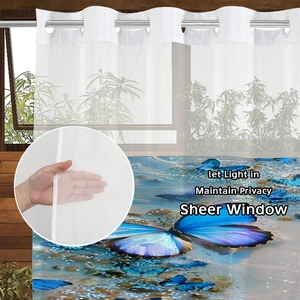 White sheer shower curtain with blue butterfly prints and metal grommets for bathroom decor