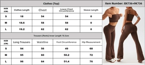 Size guide for high-waisted seamless flare yoga set including top and ribbed leggings