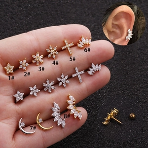 Piccoli Orecchini Per Cartilagine Con Perno In Acciaio Inossidabile Zircone Fiore Stella Luna Gioielli Piercing