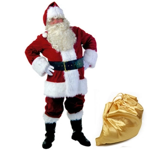 Full professional Santa Claus costume set with red velvet jacket and golden drawstring bag