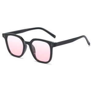 Fashionable black square sunglasses with pink tinted lenses and silver rivet accents