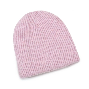Pink rib-knit beanie hat for autumn and winter featuring a soft wool blend texture