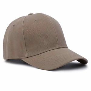 Detail shot of a khaki cotton twill baseball cap showing fabric texture and structure