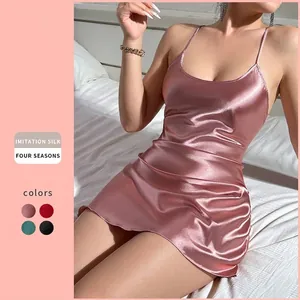 Nuisette En Satin Pour Femmes Bretelles Spaghetti Col En V Dos Nu Vêtements De Nuit Imitation Satin Mini Robe Sexy